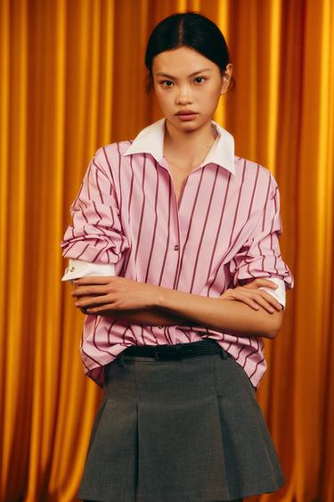 Zara 條紋撞色袖口加大版襯衫 - 粉紅色 / 白色