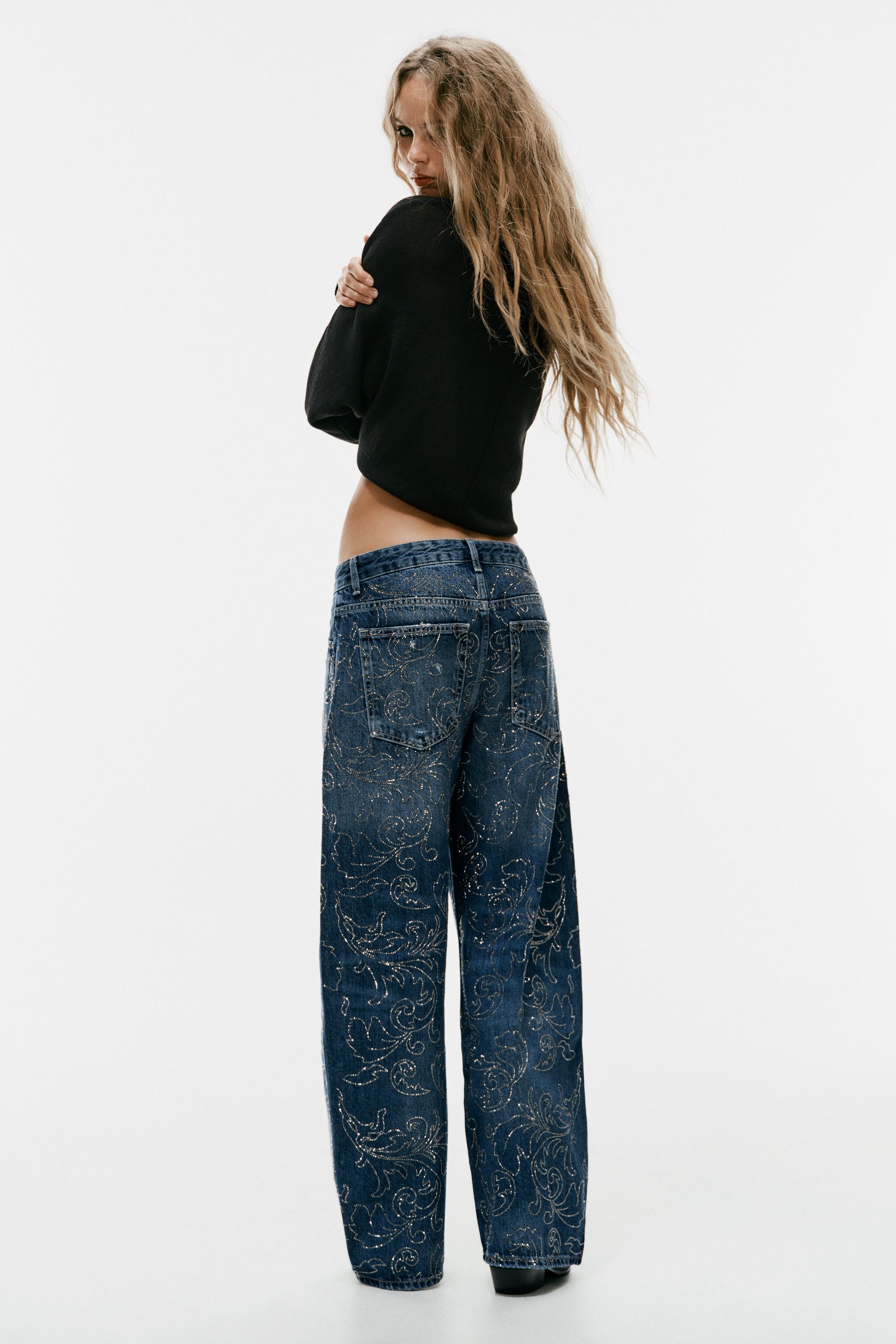 MID-RISE BAGGY RHINESTONE JEANS