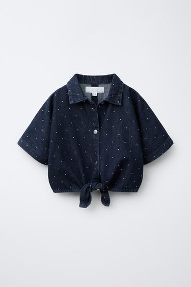 DENIM SHIRT WITH RHINESTONE BOW - Navy blue by Zara