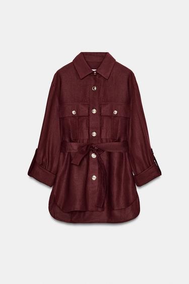 BELTED LINEN BLEND SAFARI JACKET - Burgundy by Zara - Image 0