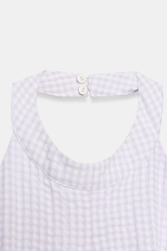 zara purple gingham dress GINGHAM HALTER VOLUMINOUS DRESS - Lilac / White