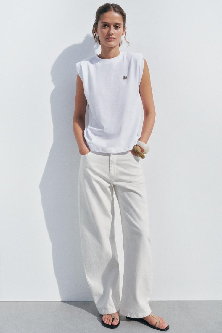 Off White Padded Shoulder T Shirt TOP WITH SHOULDER PADS White