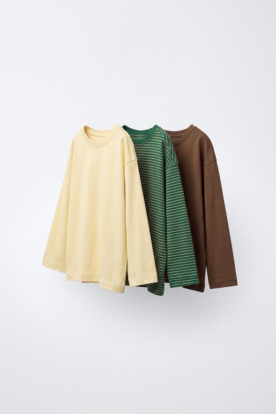 Zara 3-PACK OF STRIPED AND PLAIN LONG SLEEVE T-SHIRTS - Gray green - Image 0