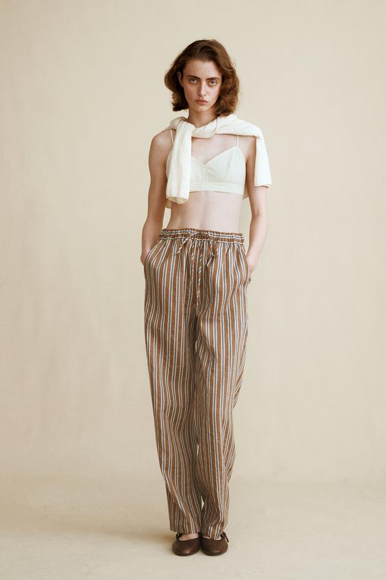 STRIPED LINEN BLEND TROUSERS CREATED BY CARAMEL LONDON X ZARA - Chocolate by Zara - Image 0