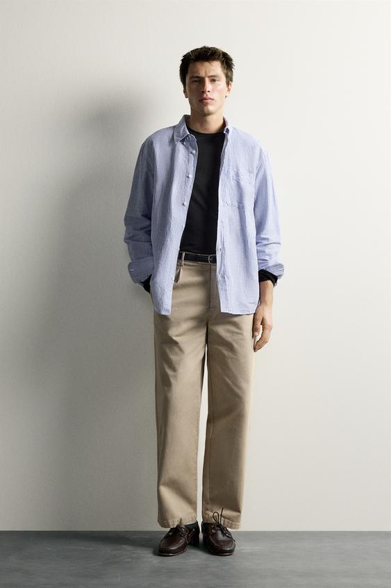 CAMISA REGULAR FIT LINO - ALGODÓN RAYAS - Blanco / Celeste de Zara - Imagen 0