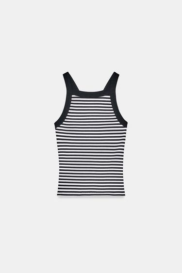 Zara RIBBED WRAP TOP - Black / White