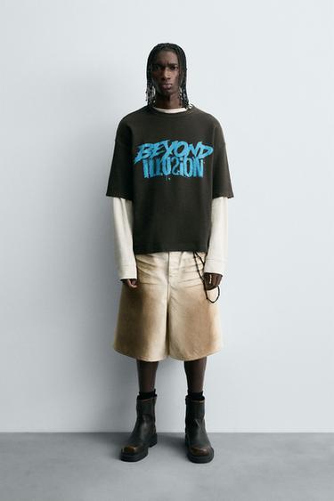 Zara CONTRAST PRINT KNIT T-SHIRT - Dark brown