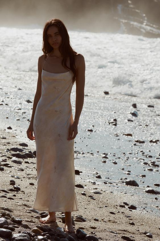 Zara, Dresses, New Zara Oyster White Linen Blend Strappy Midi Dress Size  M 7385 47 251