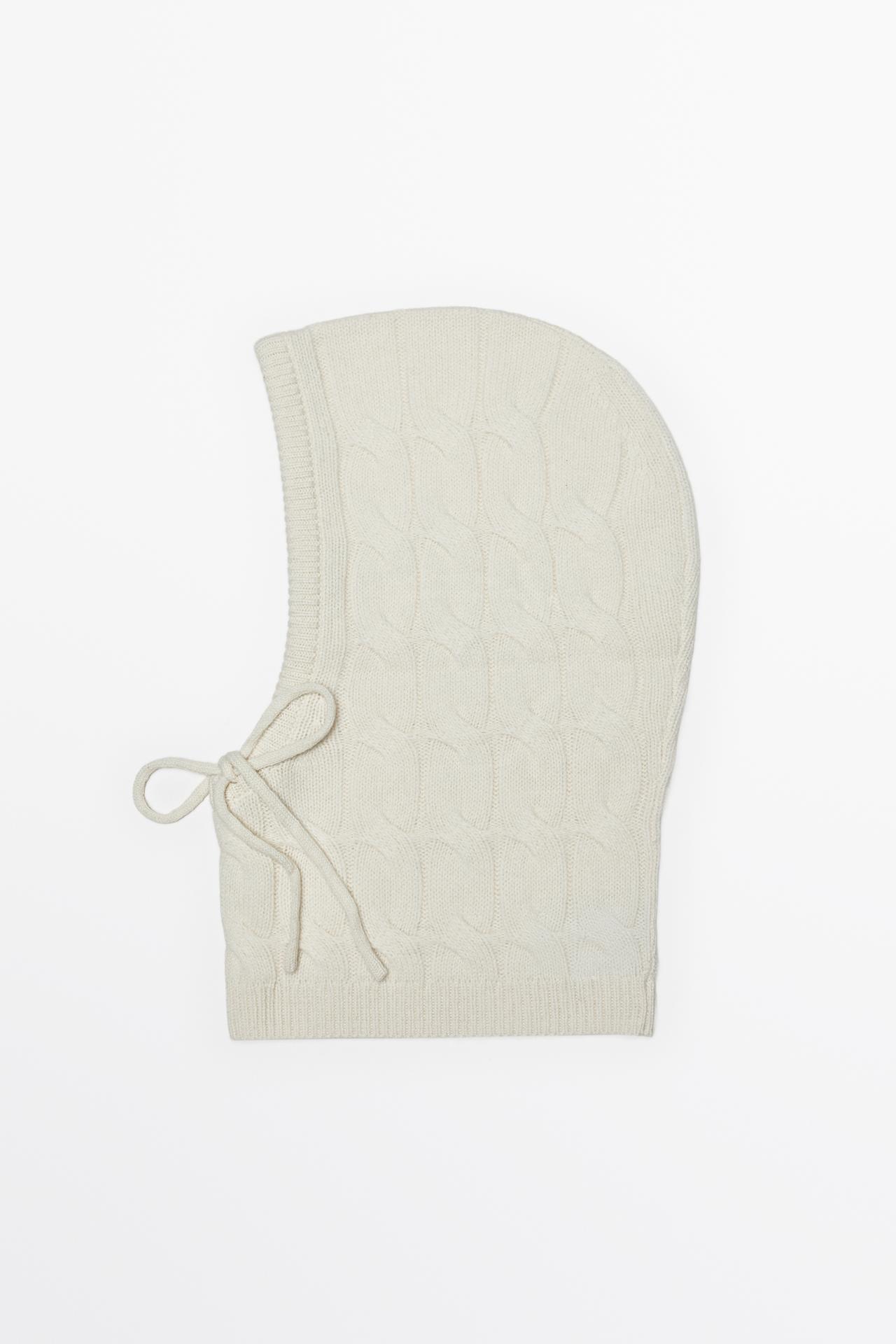 Cotton blend cable-knit balaclava with tie — Beige