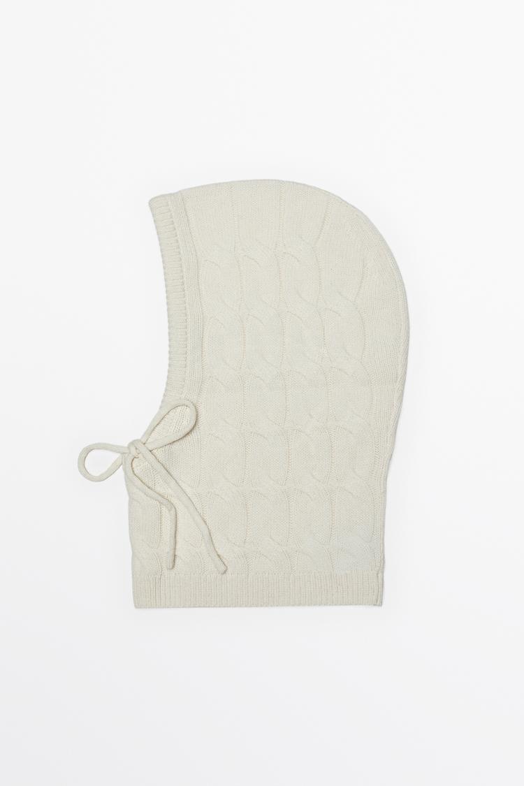 Cotton blend cable-knit balaclava with tie — Beige