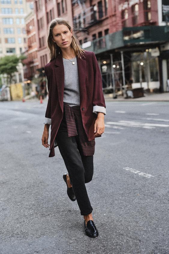 Zara BLAZER WITH SHOULDER PADS AND PRINTED CUFFS - Burgundy - Image 0