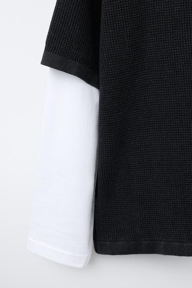 DOUBLE-LAYER WAFFLE-KNIT T-SHIRT WITH TEXT PRINT - Black by Zara - Image 3