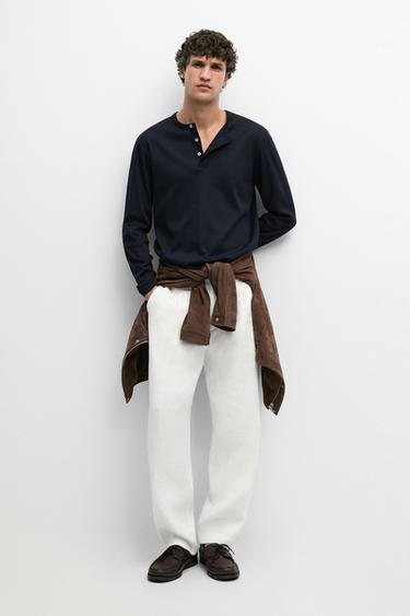 Zara 100% cotton long sleeve henley T-shirt - Navy blue - Image 0