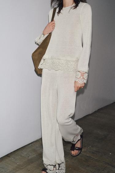 PANTALON GUIPURE COMBINÉ - Écru de Zara - Image 3