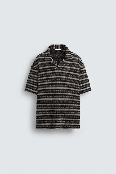 Zara JACQUARD KNIT POLO SHIRT - Ecru / Brown