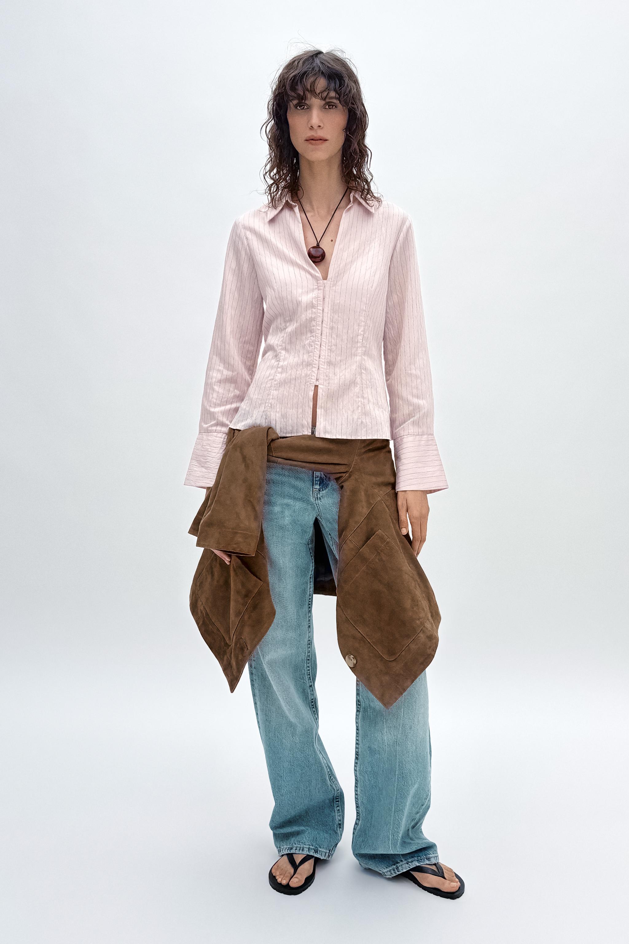 STRIPED SHIRT WITH HOOK-AND-EYE CLOSURES - Light pink | ZARA