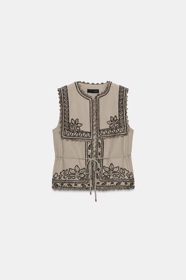 ZW COLLECTION EMBROIDERED WAISTCOAT WITH BELT - Mid-grey by Zara - Image 3