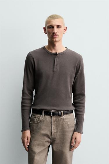 COTTON - HEMP GRANDAD COLLAR T-SHIRT - Earth by Zara - Image 1