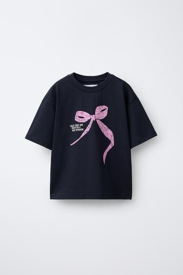PRINTED T-SHIRT WITH BOW - Black by Zara
