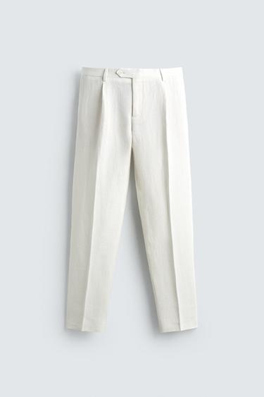 100% LINEN PLEATED SUIT TROUSERS - White by Zara