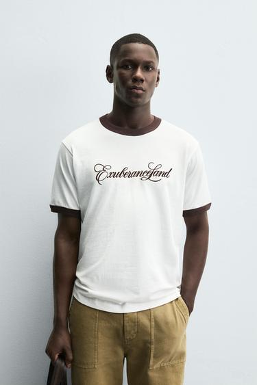 T-SHIRT CÔTELÉ CONTRASTE INSCRIPTION - Blanc de Zara - Image 1