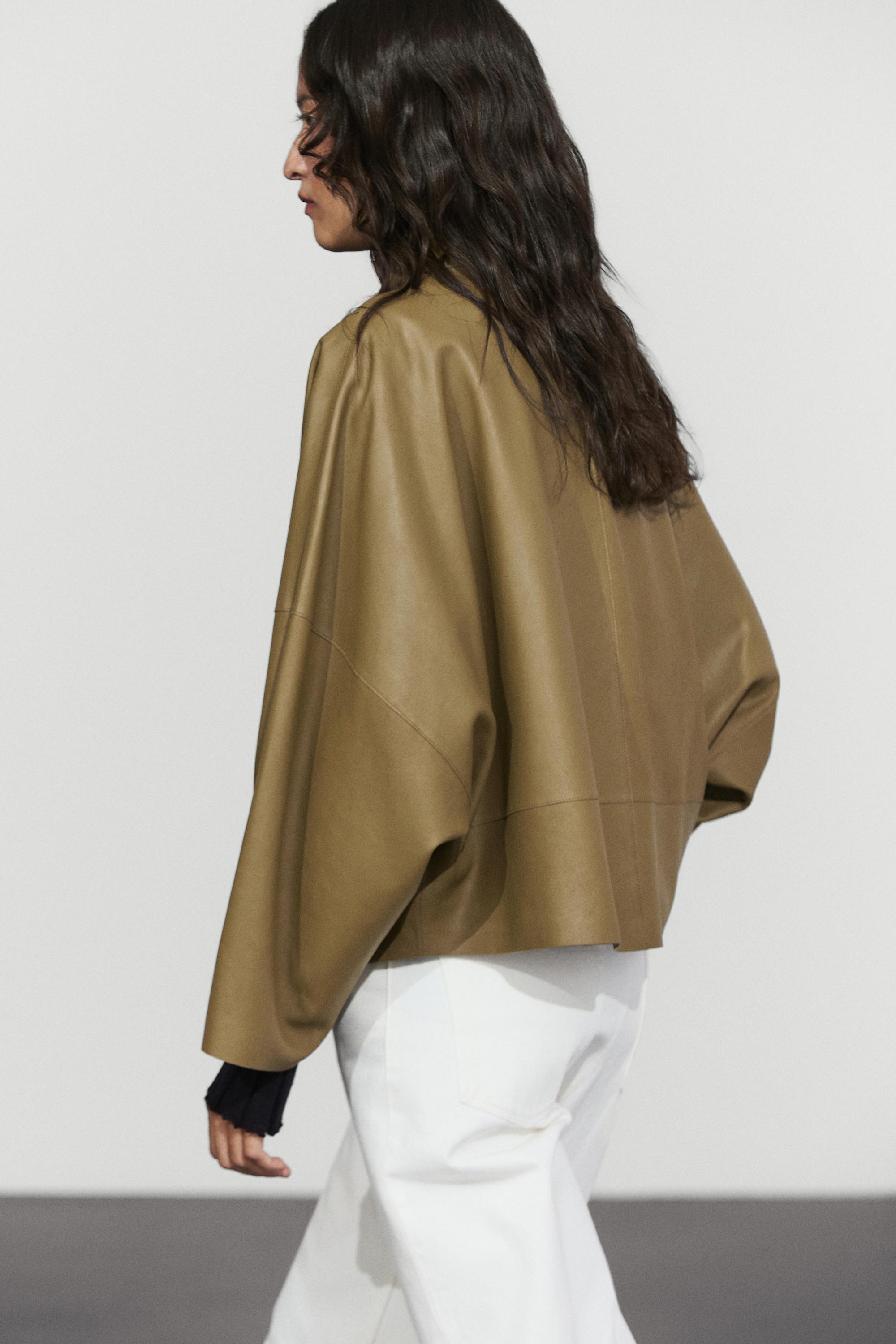 Stand collar nappa leather cropped jacket