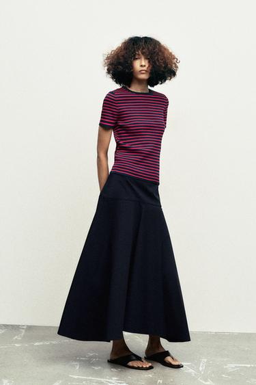 Zara SHORT SLEEVE STRIPED KNIT TOP - Red / Navy