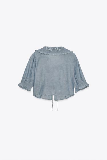 EMBROIDERED CROP SHIRT - Blue / Grey by Zara - Image 5