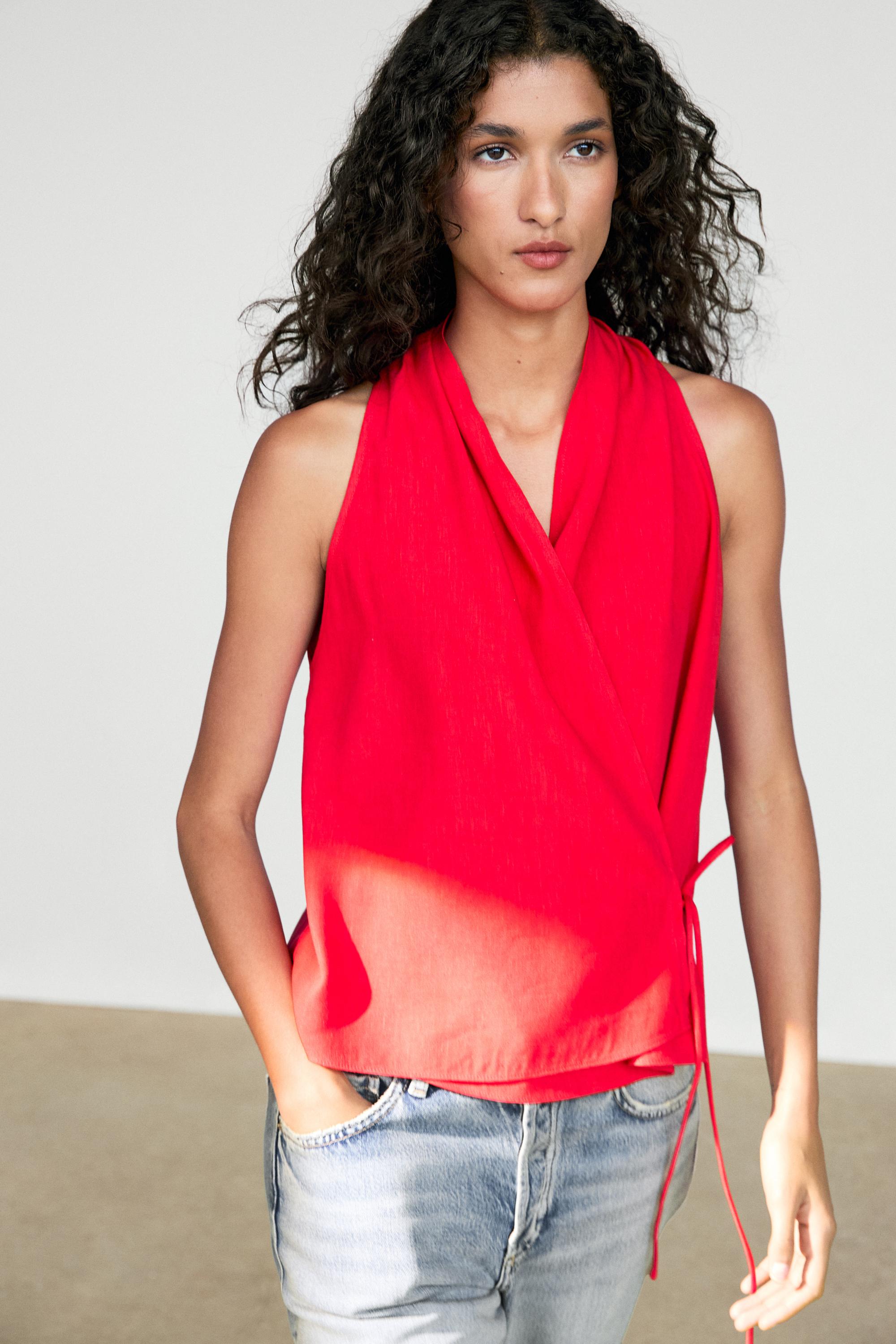 Linen halter top with tie detail — Red