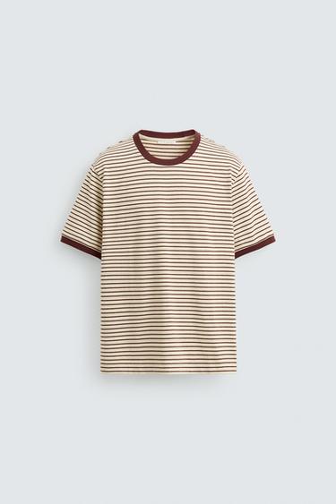 STRIPED T-SHIRT WITH CONTRAST RIB - Ecru / Maroon by Zara - Image 0