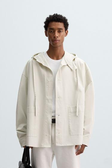 OVERSIZE FIT HOODED OVERSHIRT - White / Grey by Zara