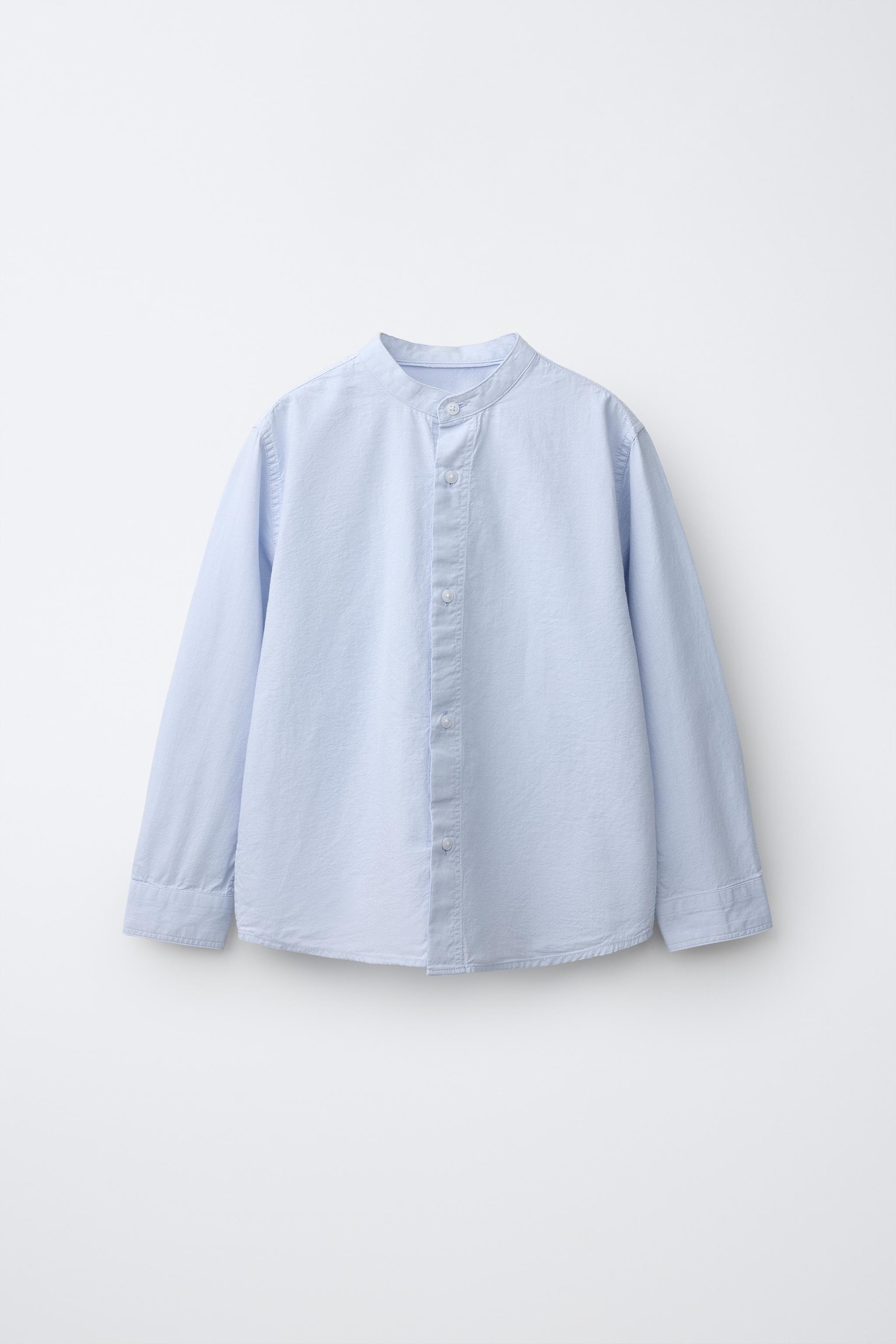 100% COTTON STAND COLLAR SHIRT — Sky blue