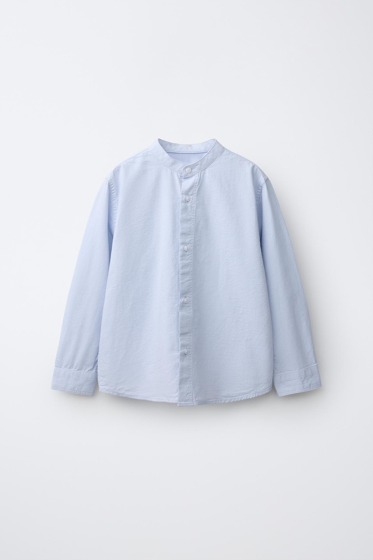 100% COTTON STAND COLLAR SHIRT — Sky blue