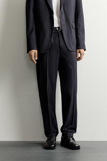 Zara WOOL HERRINGBONE SUIT PANTS - Navy blue