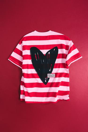 STRIPED T-SHIRT WITH HEART - Pink / White by Zara