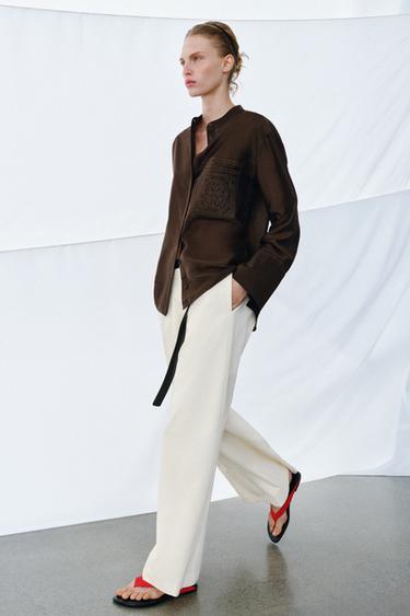 Zara EMBROIDERED POCKET SHIRT ZW COLLECTION - Brown