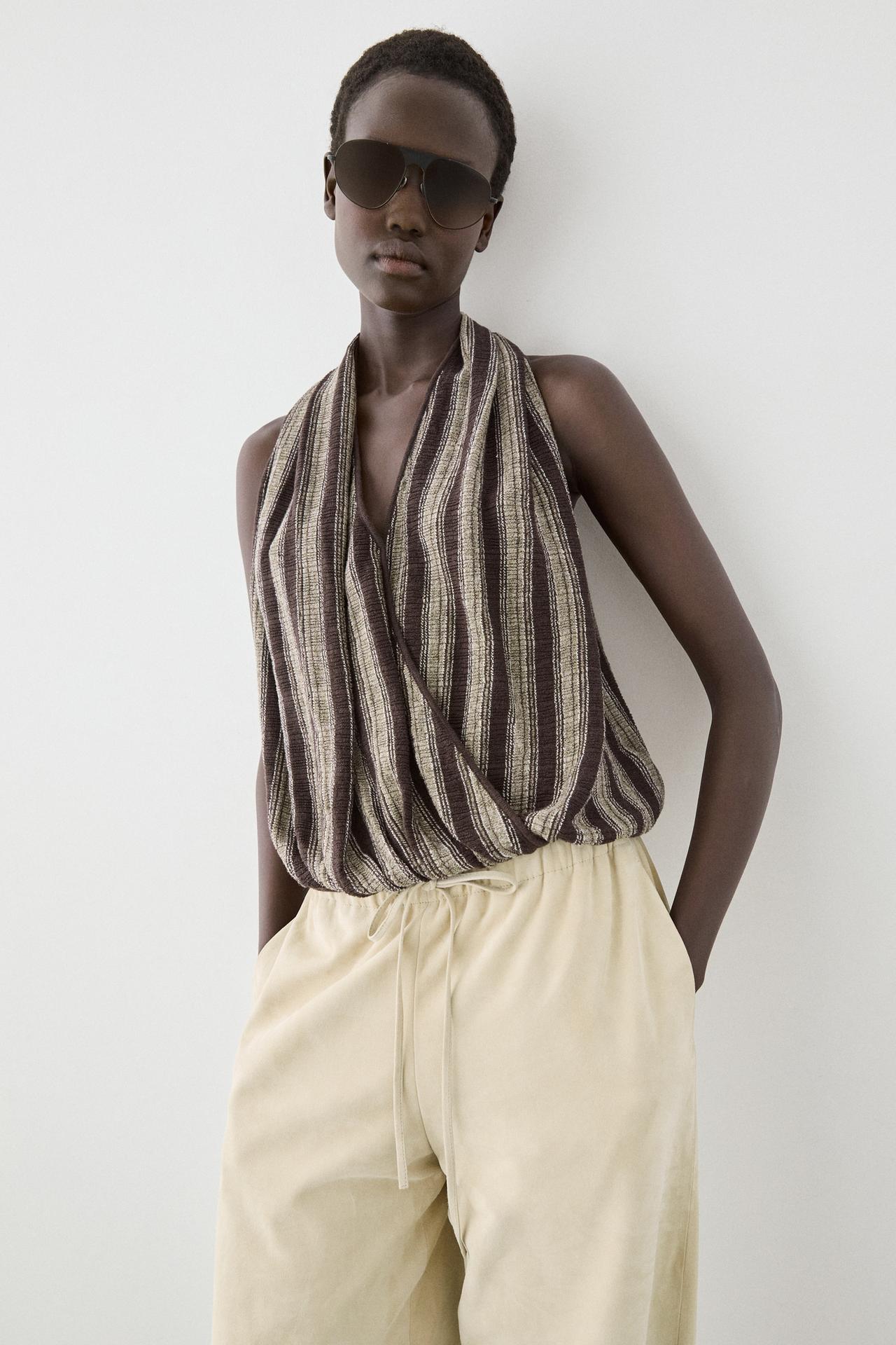 Surplice top with striped detail — Brown