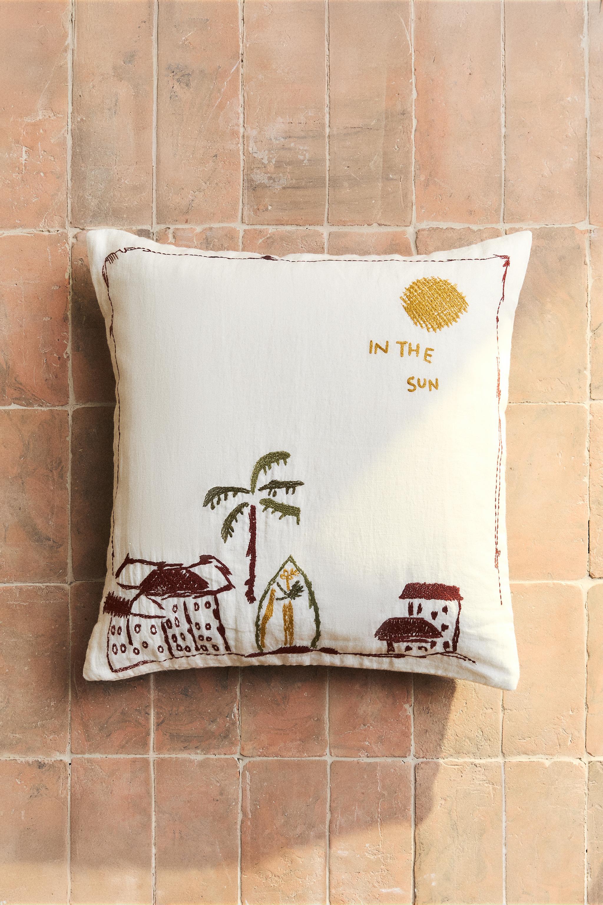 EMBROIDERED COASTAL THROW PILLOW COVER