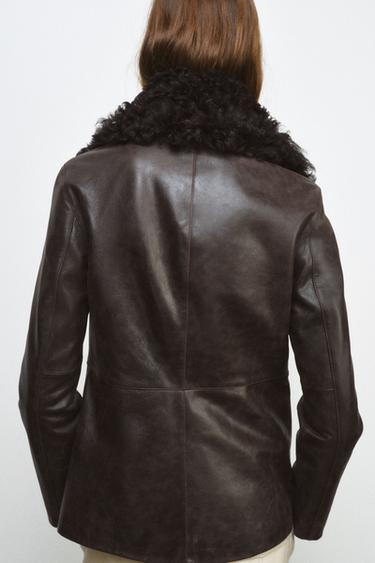 VESTE EN CUIR COL EFFET FOURRURE ZW COLLECTION ÉDITION LIMITÉE - Marron de Zara - Image 2