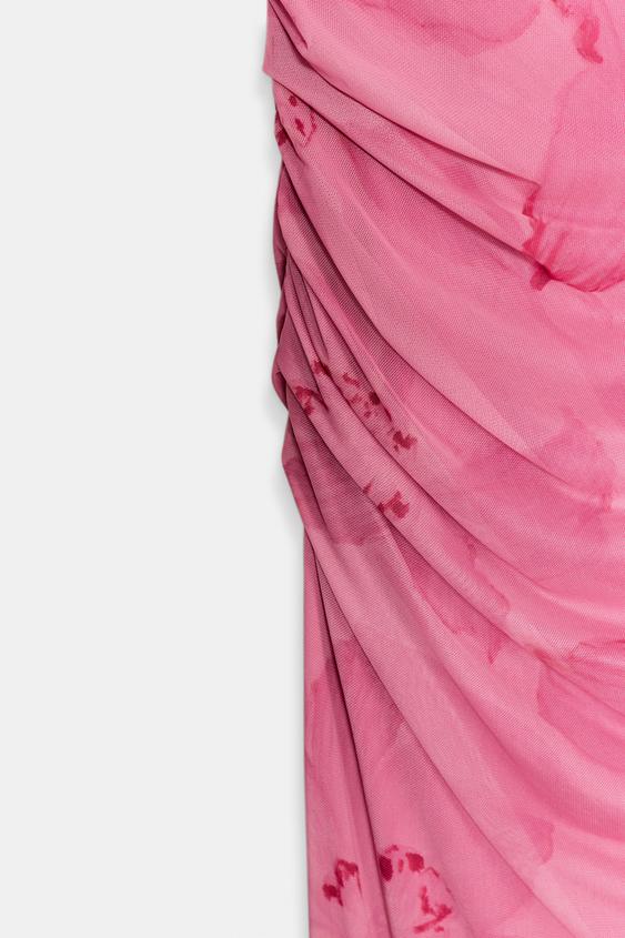 pink mesh dress zara PRINTED MESH MIDI DRESS - Pinks