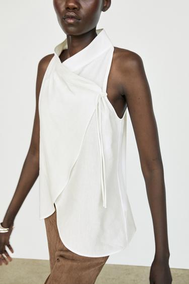 Zara Flowing linen halter crossover top - White