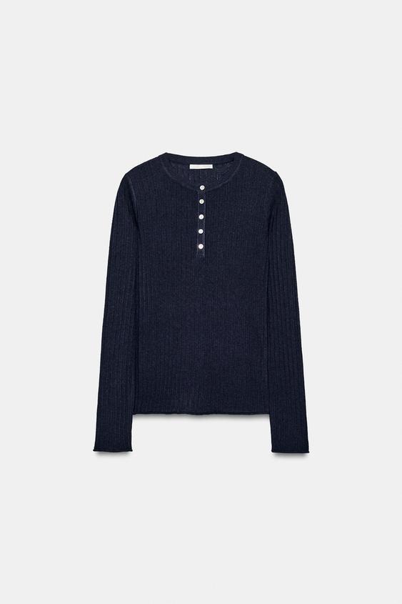 TEXTURED BUTTON-UP T-SHIRT - Navy blue by Zara - Image 0
