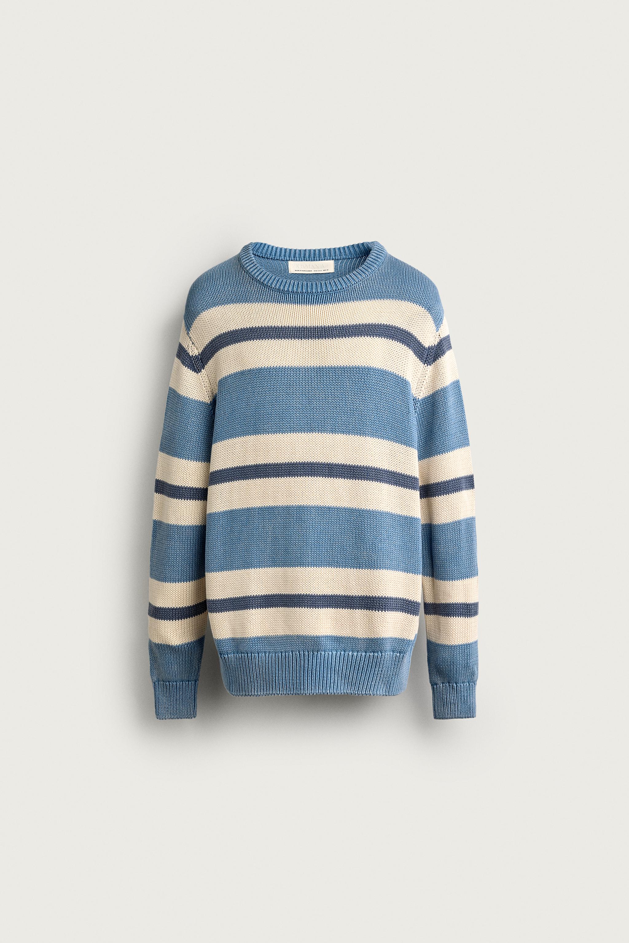 WASHED STRIPED JACQUARD REGULAR FIT SWEATER — Blue