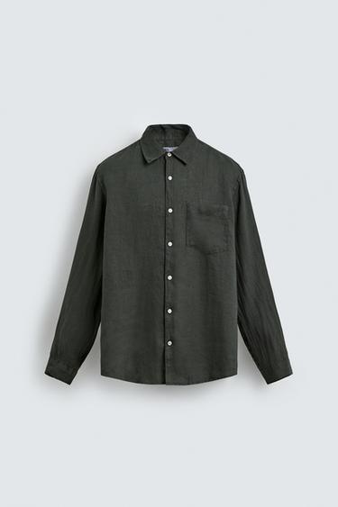 REGULAR FIT 100% LINEN SHIRT - Dark green by Zara