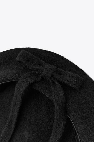 Zara 100% WOOL BERET WITH RIBBON - Black