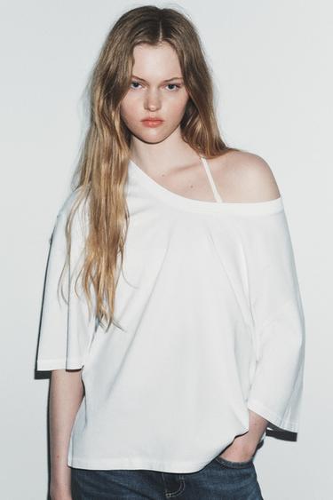 تيشرت ريفي بقياس كبير - أبيض الخاص بـ Zara