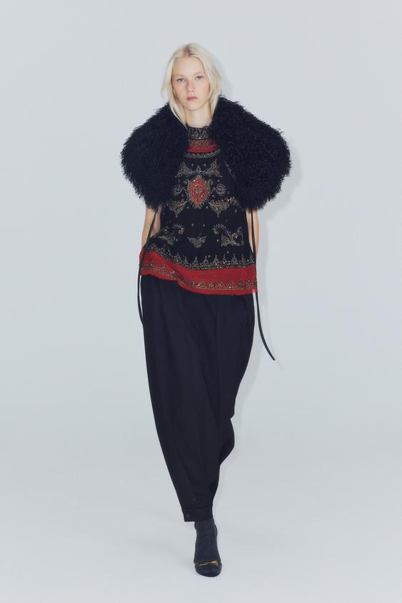 Zara ZW COLLECTION EMBROIDERED BEADED COMBINED TOP - Black - Image 0
