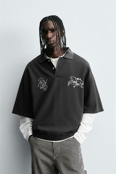 Zara EMBROIDERED BOXY FIT POLO - Gray