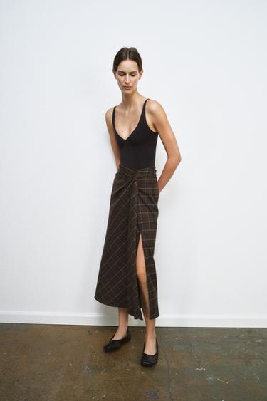 ZW COLLECTION DRAPED CHECK SKIRT - Brown by Zara