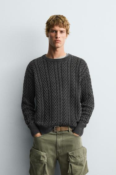 WASHED CABLE-KNIT SWEATER - Black by Zara